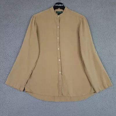Lauren Ralph Lauren Shirt Women M Beige Silk Roll Tab Sleeve Mandarin Button Up • $22