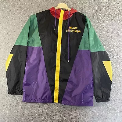 MTV Music Jacket Mens Medium Colorblock Full Zip Windbreaker Hoodie Retro • $19.99