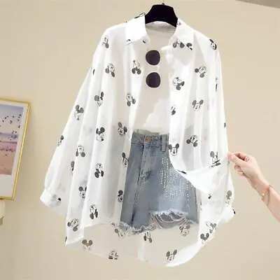 Women's Mickey Mouse Print Long Sleeve Tops Loose Fit White Blouse Casual Shirt • $12.08