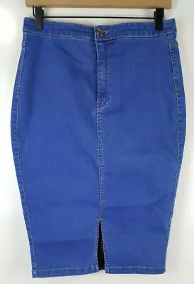 Missguided Women Long Skirt Sz 10 Stretch Cotton Blend Blue Color Front Slit EUC • $15.19