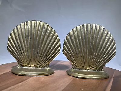 Vintage Pair 6” Brass Sea Shell Clam Scallop Bookends MCM Coastal Nautical Decor • $37.95