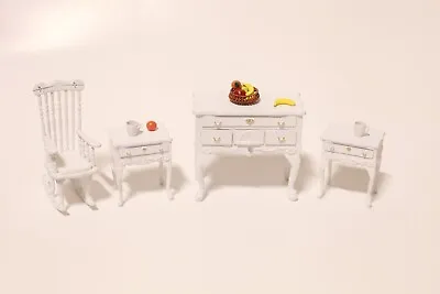 Dollhouse Miniature Queen Anne Dresser Set With Fruit Bowl 1:24 1/2 Scale White • $42.99