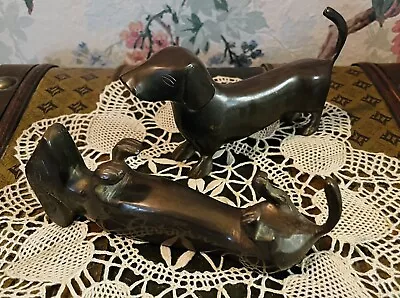 Vintage Solid Brass Dachshund Figurines; Set Of Two; Standing & Laying Down • $250