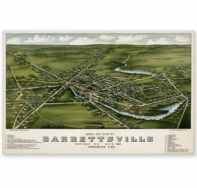 1883 Garrettsville Ohio Historic Birdseye Panoramic Town Map 24 X 16 Or 37 X 24 • $29.89