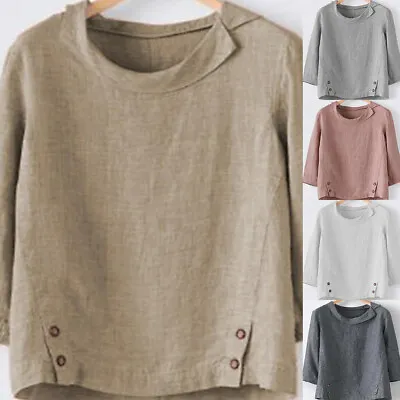 $17.59 • Buy Plus Size Womens Cotton Linen Long Sleeve Tops Baggy Loose T-Shirt Casual Blouse