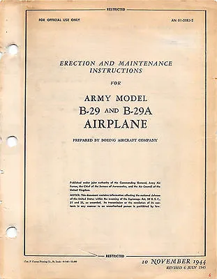 B-29 & B29A Erection And Maintenance Inst's Flight Handbook Flight Manual (CD) • $41.99