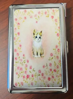 Vintage Heart Kitten C2 Image Cigarette Case With Built In Lighter Metal Wallet • $19.95