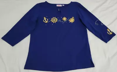 Quacker Factory Womens Top Size M Navy Blue Embroidered Keyhole 3/4 Sleeves • $19.76