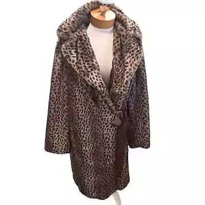 Vintage Large Dennis Basso Faux Fur Cheetah Coat Midi Winter Satin Bow • $218