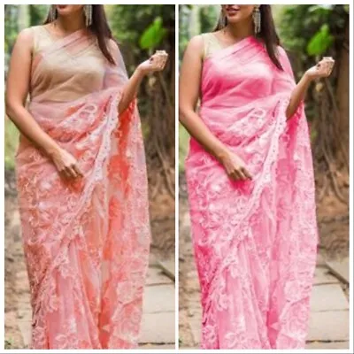 £27.99 • Buy Saree Blouse Indian Net Sari Designer Pakistani Party Wedding Wear Brand New UK