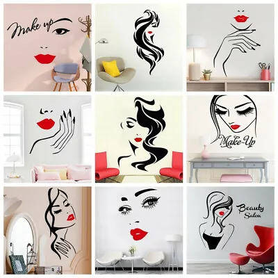 Beautiful Girl Face Vinyl Wall Sticker Red Lips Nail Salon Home Window Wall Deco • $24.91