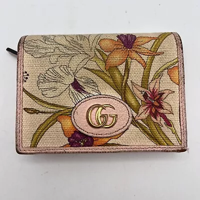 Auth Used GUCCI Purse Leather Bifold Wallet Flora Canvas Pink Marmont 4363 • $113.40