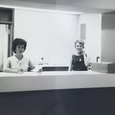 Vintage 1965 Black And White Photo Front Desk Business Office Women Standing • $6.69