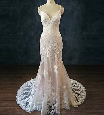 Lace Mermaid Boho Wedding Dress With Spaghetti Straps And See Through Train • $885
