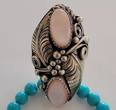 OLD PAWN Vintage 2 Stone Mother Of Pearl In STERLING Navajo Ring Size 7 1/2 • $18.50