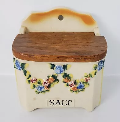 Vintage Made In Japan Ceramic Salt Box Wood Lid Flower Garland • $24.95