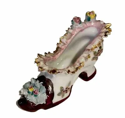 Vintage Miniature Shoe Figurine Japan Gilded Ruffled Edge W/ Roses Slipper 4” • $10