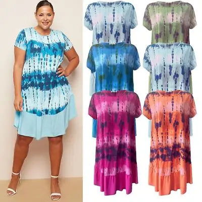 Womens Italian Short Sleeve Tie-dye Baggy Dress UK One Size Fits 8-22 • £13.99