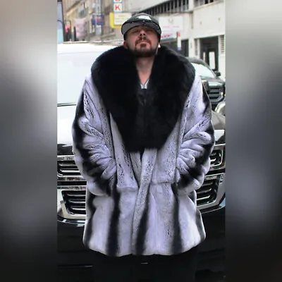 Real Fox Fur Shawl Collar Coat Mens Chinchilla Rex Rabbit Fur Full Pelt Jacket • $775.53