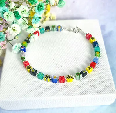 925 Sterling Silver Bracelet  Millefiori Flowers Multicoloured • £20