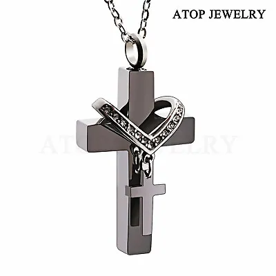 Cross Urn Necklace For Ashes Cremation Pendant Memorial Keepsake Jewelry Black • $10.99