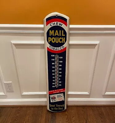 Vintage MAIL POUCH Chew Tobacco Metal THERMOMETER Advertising Sign Roughly 39x8  • $195