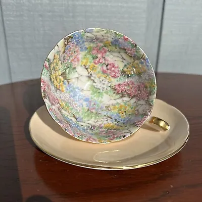 Shelley Rock Garden Chintz Bone China England Footed Cup Saucer • $97.49