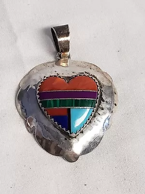 Southwestern Q. T. Signed Sterling Silver Multi Gemstone Heart Pendant 2  • $59.99