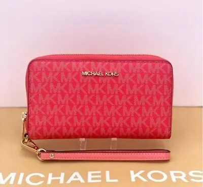 Michael Kors Jet Set Travel Large Flat Zip Phone Case Wristlet Wallet Coral Reef • £47