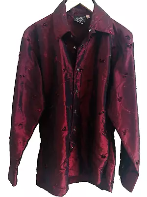Shrine Of Hollywood Dark Ruby Red Shimmer Goth Shirt Velvet Accents Snap Mens L • $75