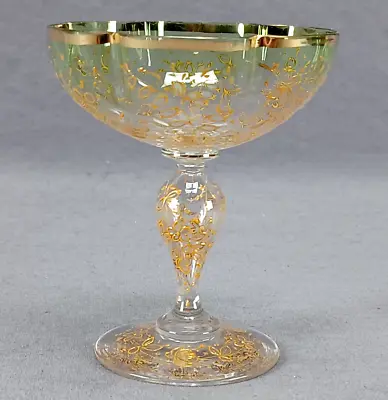 Bohemian Moser Type Green & Clear Raised Gold Floral Lobed Sherbet Glass  • $150