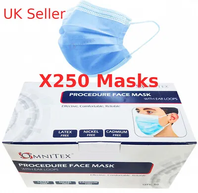 3-Ply Protective Disposable Face Masks - 250 Masks - 5x Boxes Of 50 UK Seller • £9.99