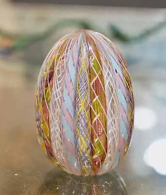 Vintage Egg Shaped Murano Glass Threaded Ribbons Hollow Paperweight Unusual • $99