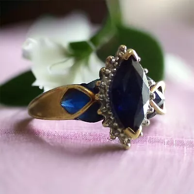 1CT Marquise Blue Sapphire Diamond Accent Cocktail Ring In 10K Yellow Gold • $199