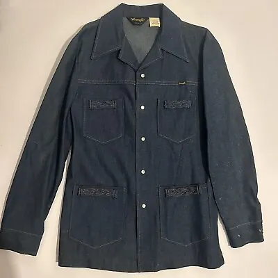 Vintage 70s 80s Wrangler Pearl Snap Denim Chore Jacket Men Medium 10 Oz Denim • $52.97