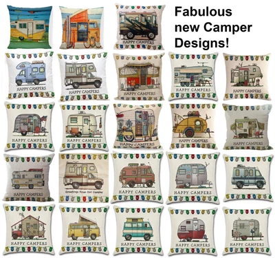 £6 • Buy CARAVAN HAPPY CAMPERS MOBILE HOME! Cushion Cover Unusual Designs! UK Seller