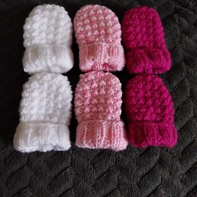 Hand Knitted Baby Girls Mittens X 3 Pairs. 0-3 Months. • £1.50