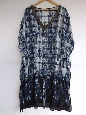 Avella Dress 22 Womens Kaftan Blue White Beaded Fabric Belt Belted • $15.95