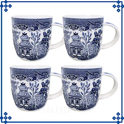 4-Set Blue Willow 340ml Oriental Barrel Coffee Mug Vintage Coffee Cup • £14.95