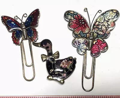 Vintage Colorful Enamel Dusck Brooch + 2 Butterfly Clip Lot Brass • $0.99