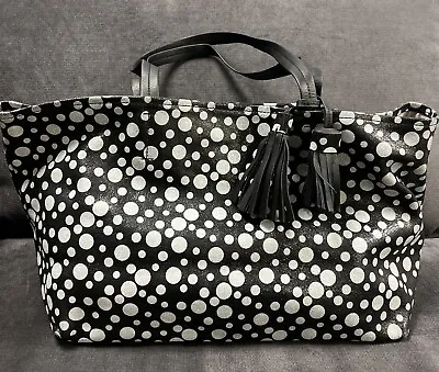  IIIBeCa By Joy Gryson Black White Polka Dot Leather Handbag Tote Bag  • $55