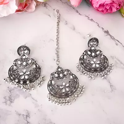 Oxidised Sliver Kundan Earrings And Maang Tikka Set For Women Indian Jewellery • $35