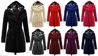 £15.99 • Buy New Women Check Hooded Duffle Style Fleece Comfort Belted Button Long Coat Jackt