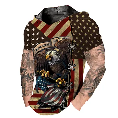$19.86 • Buy Men Hoodie Hooded US American Flag Eagle Red Short Sleeve Sweatshirt LightWeight