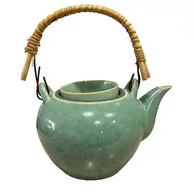 Teavana Green Ceramic Pottery Teapot Set Bamboo Handle With Strainer & Teacup • £38.61