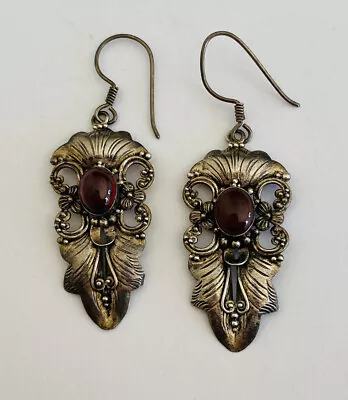 Vintage Bali Victorian Style Sterling Silver Garnet Drop Dangle Earrings • $49.99