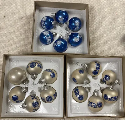 Vintage 3 Boxes Mercury Glass Christmas Ornaments 1.5”T Blue & White Snowflake • $24