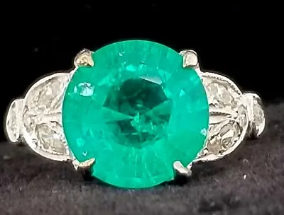 Vintage Platinum Engagement Ring 3.89CT. Gem Colombian Green Emerald Round Shape • $3950