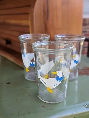 BAMA Jelly Jar White Ducks Geese Blue Bows Juice Glasses Vintage 4  Tall • $20