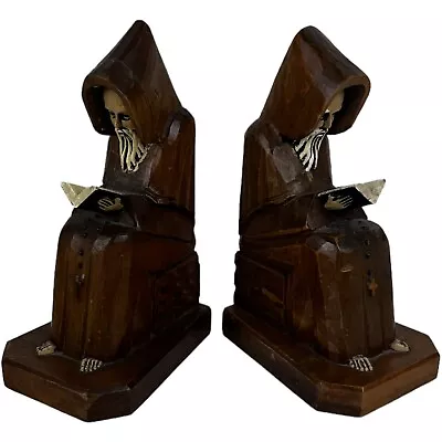 Pair Vintage Wooden Carved Monk Reading Book Bookends Book Ends Mexico Friars • $38.25